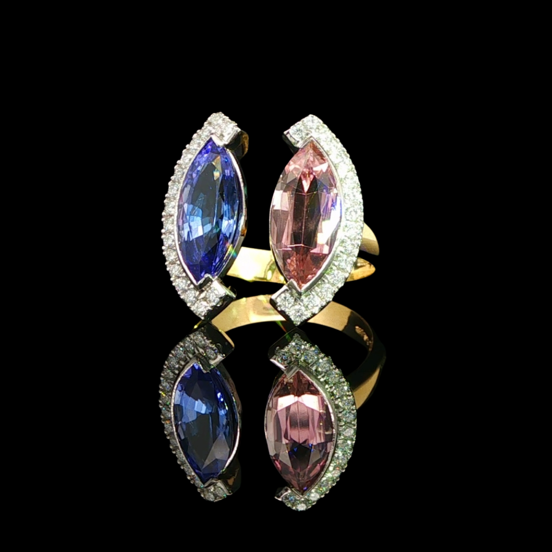 Marquise Cut Pink Tourmaline & Tanzanite Ring in Platinum & 18ct Yellow Gold