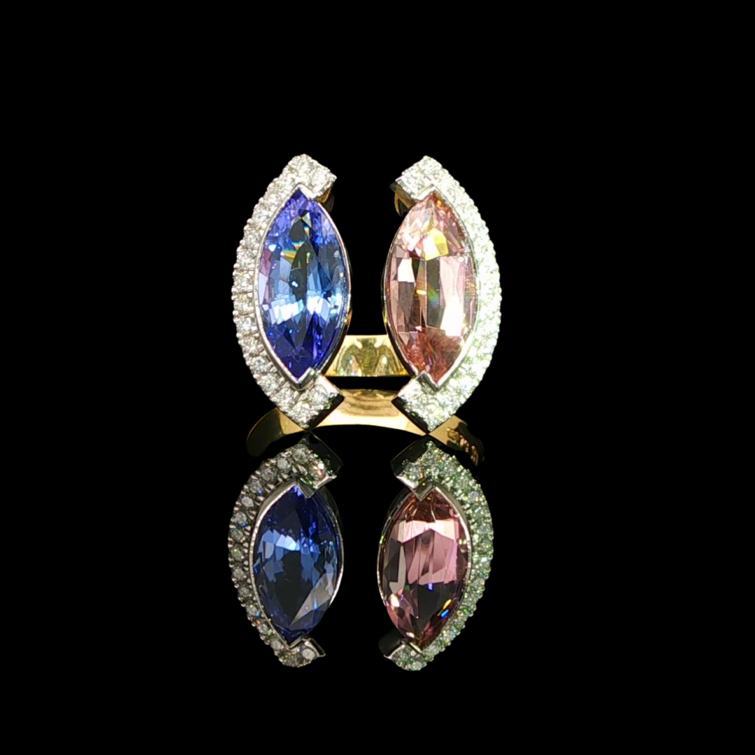 Marquise Cut Pink Tourmaline & Tanzanite Ring in Platinum & 18ct Yellow Gold