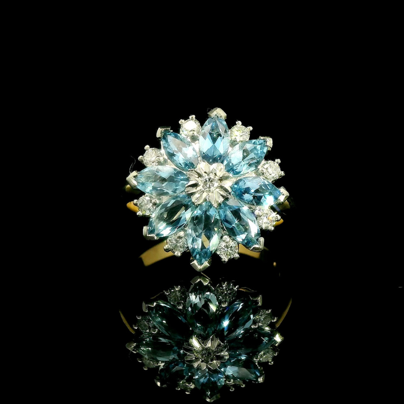 Aquamarine & Diamond Sunburst Ring in 18ct Yellow & White Gold