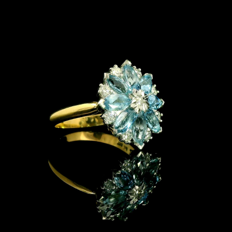 Aquamarine & Diamond Sunburst Ring in 18ct Yellow & White Gold | Brinkhaus Jewellers Claremont