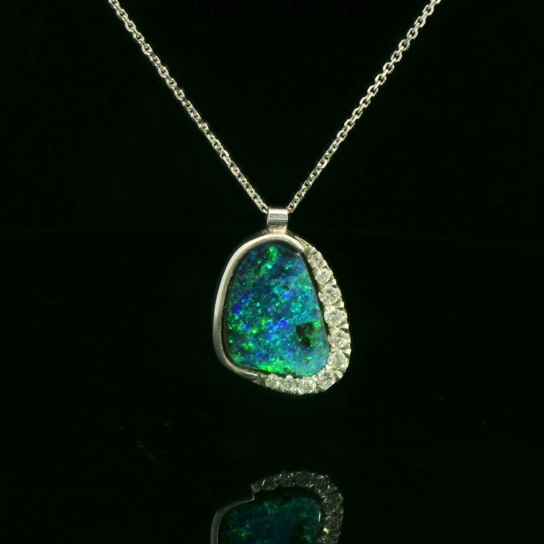Black Opal and Diamond Necklace in White Gold