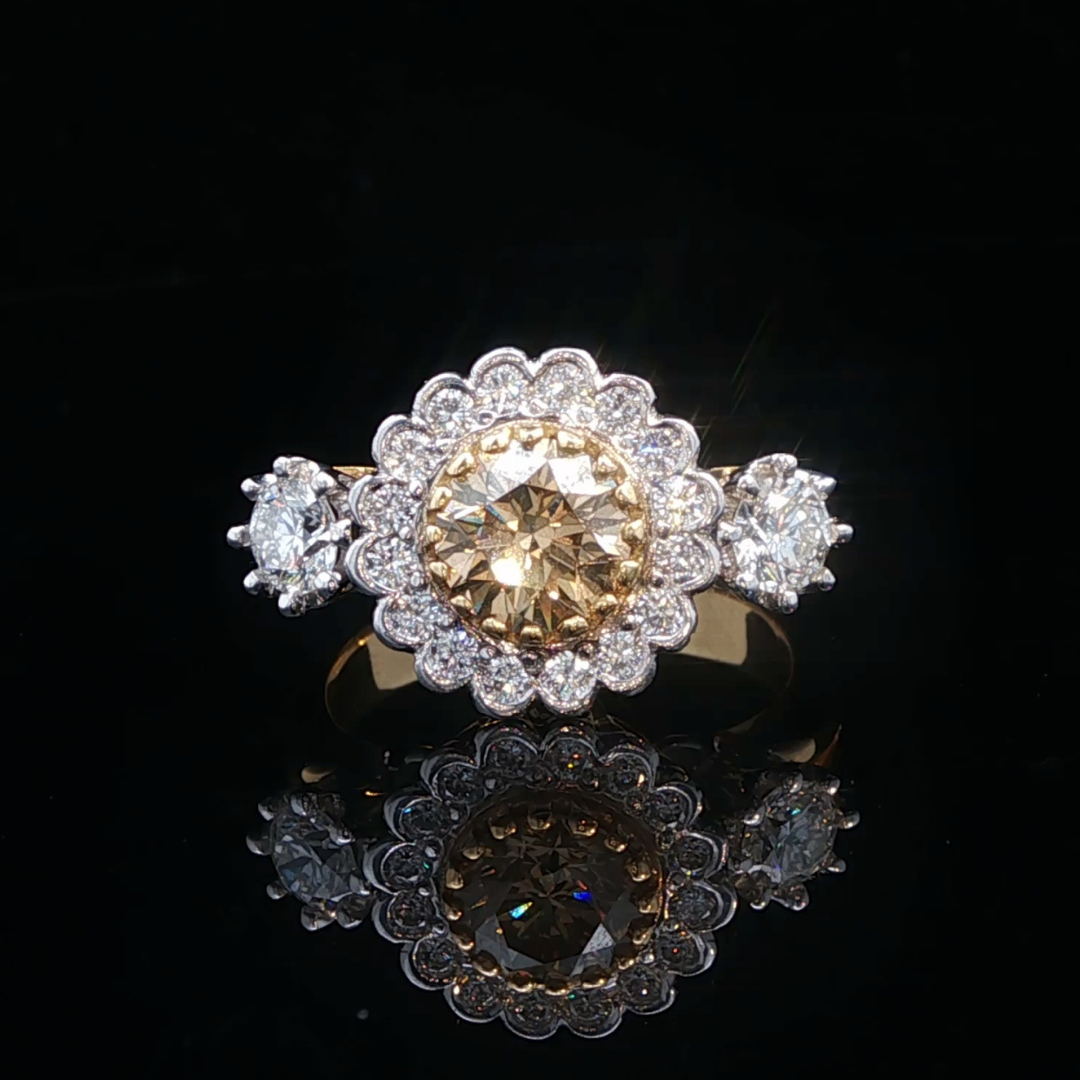 Champagne Diamond Halo Engagement Ring in 18ct White & Yellow Gold