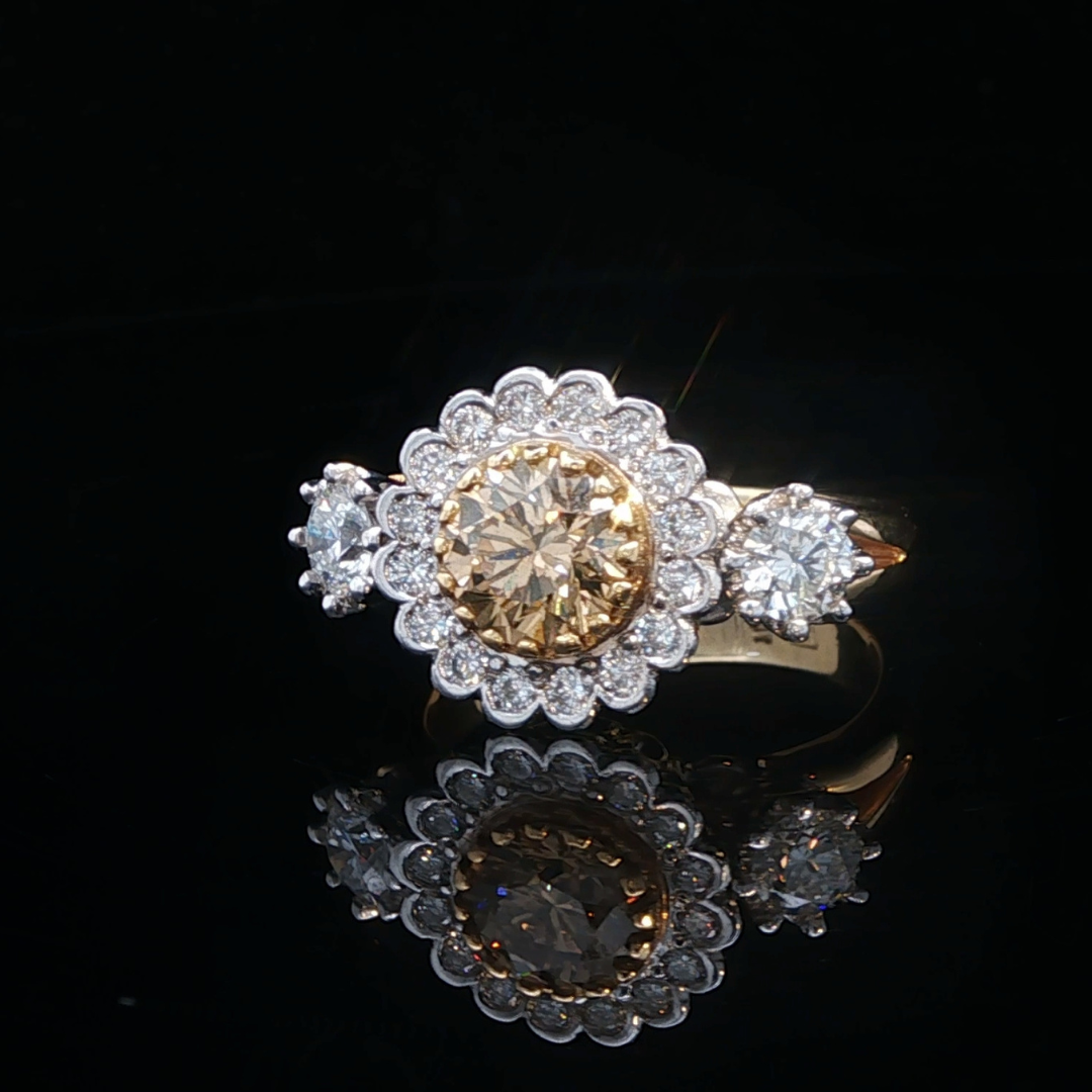 Champagne Diamond Halo Engagement Ring in 18ct White & Yellow Gold | Brinkhaus Jewellers Perth