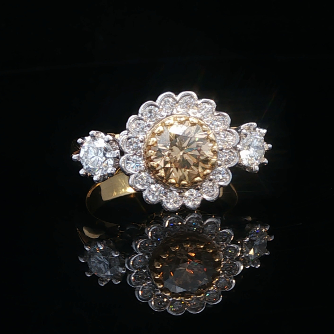 Champagne Diamond Halo Engagement Ring in 18ct White & Yellow Gold Engagement Ring | Brinkhaus Jewellers Perth