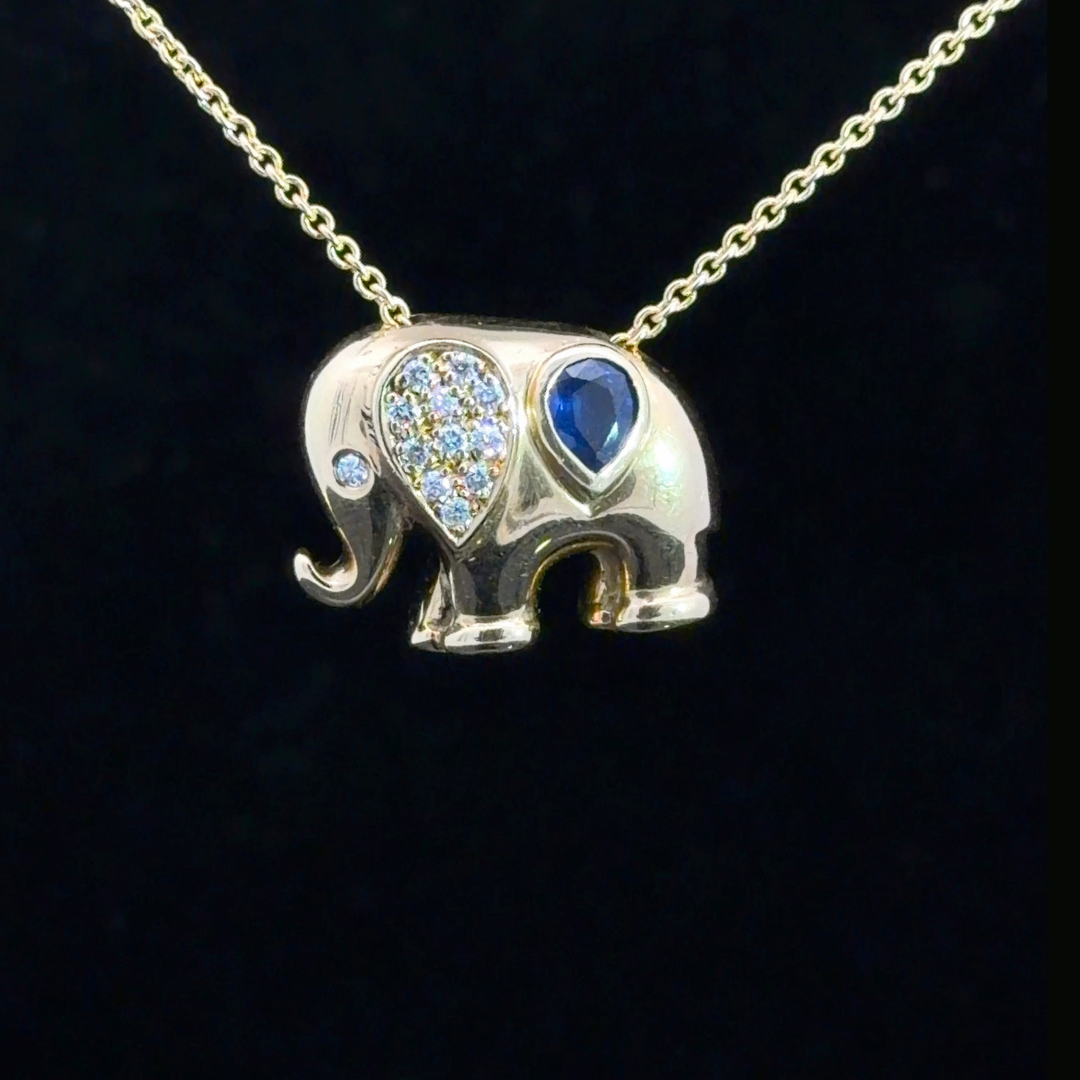 Diamond & Sapphire Elephant Necklace in 18ct Yellow Gold