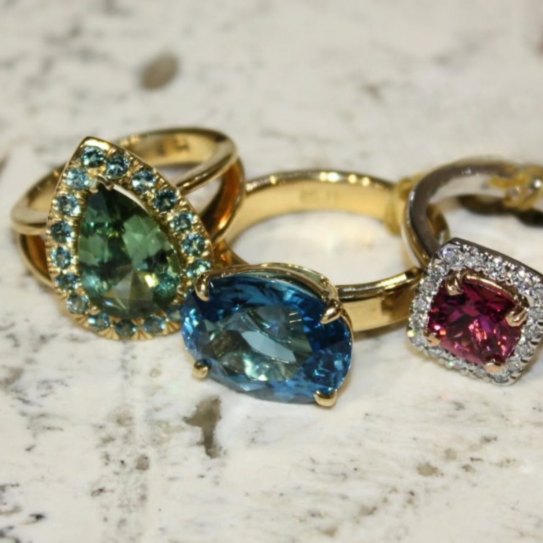 Green Tourmaline & Paraiba Tourmaline Halo Ring