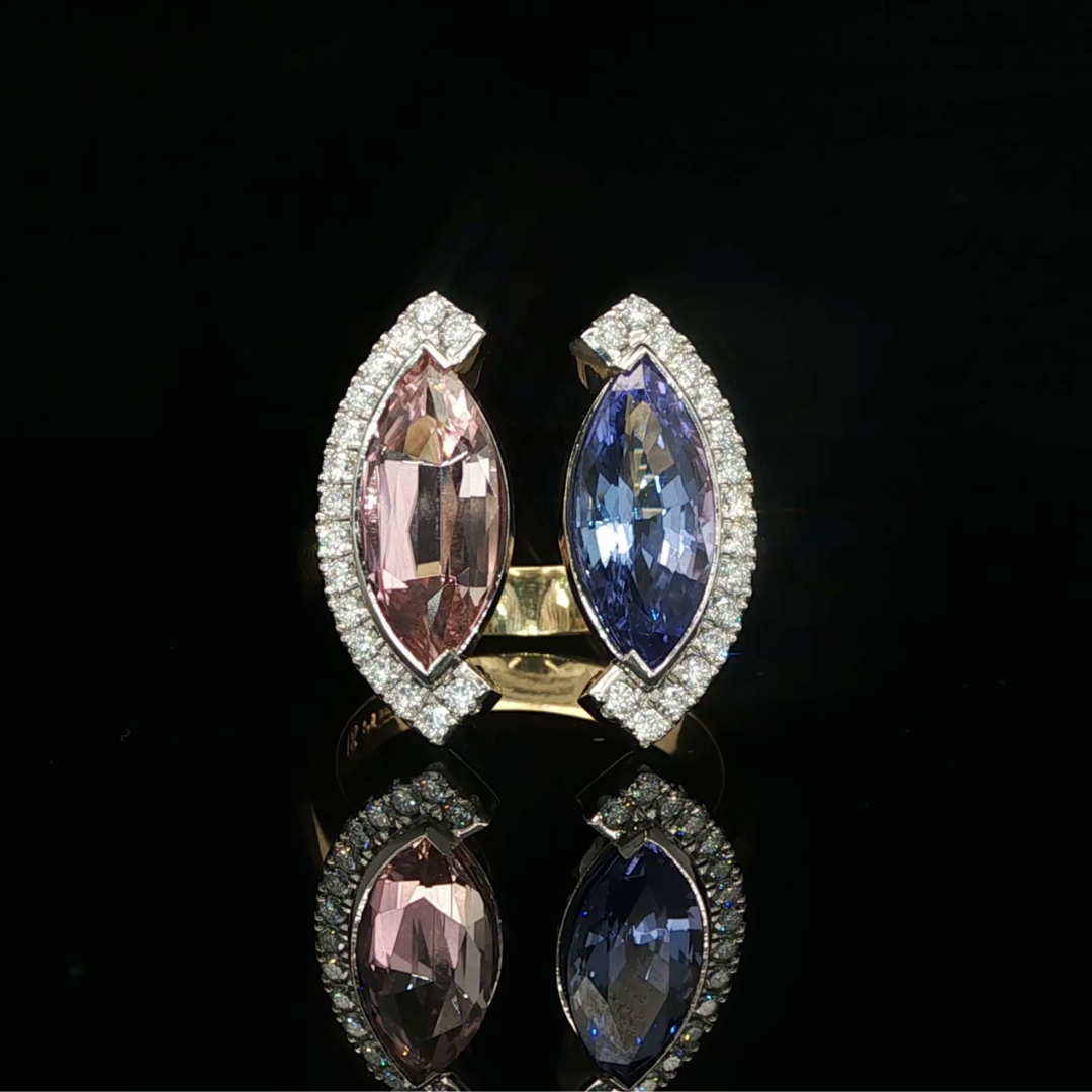 Marquise Cut Pink Tourmaline & Tanzanite Ring in Platinum & 18ct Yellow Gold