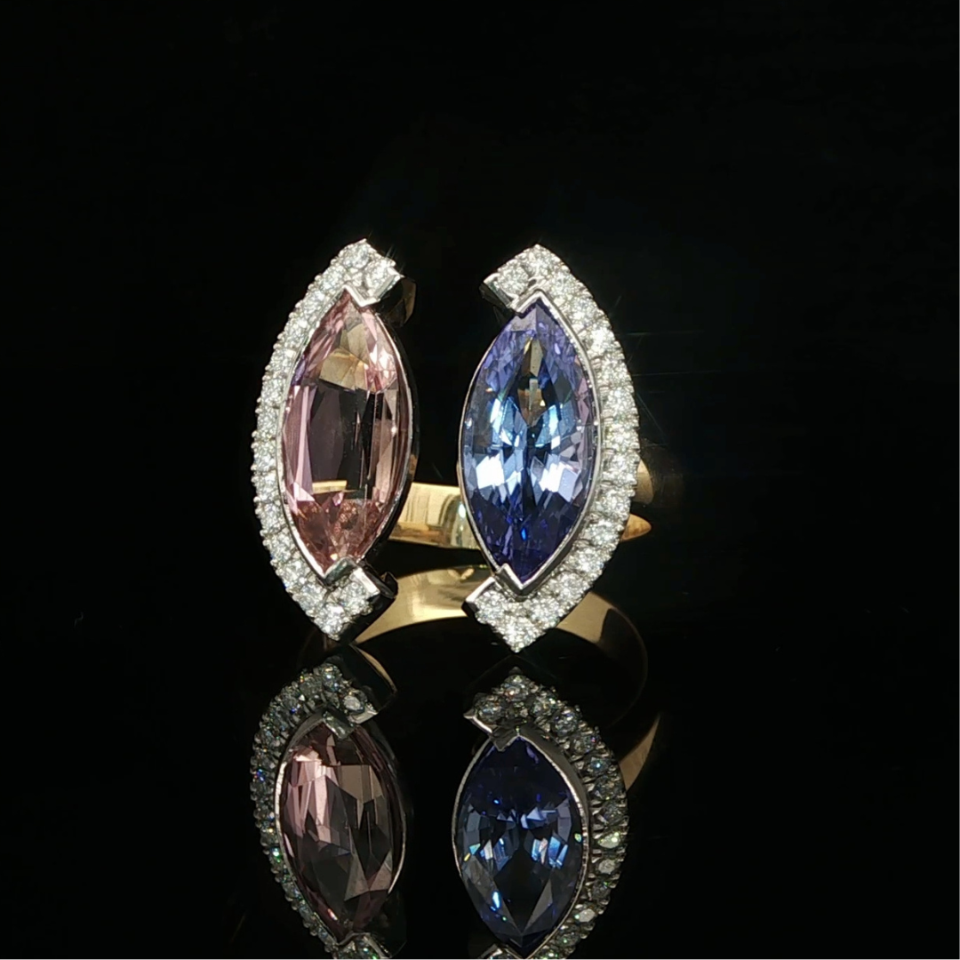 Marquise Cut Pink Tourmaline & Tanzanite Ring in Platinum & 18ct Yellow Gold | Brinkhaus Jewellers Perth