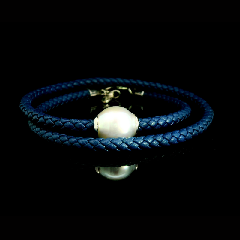Men's Double Strand Leather Bracelet with South Sea Pearl