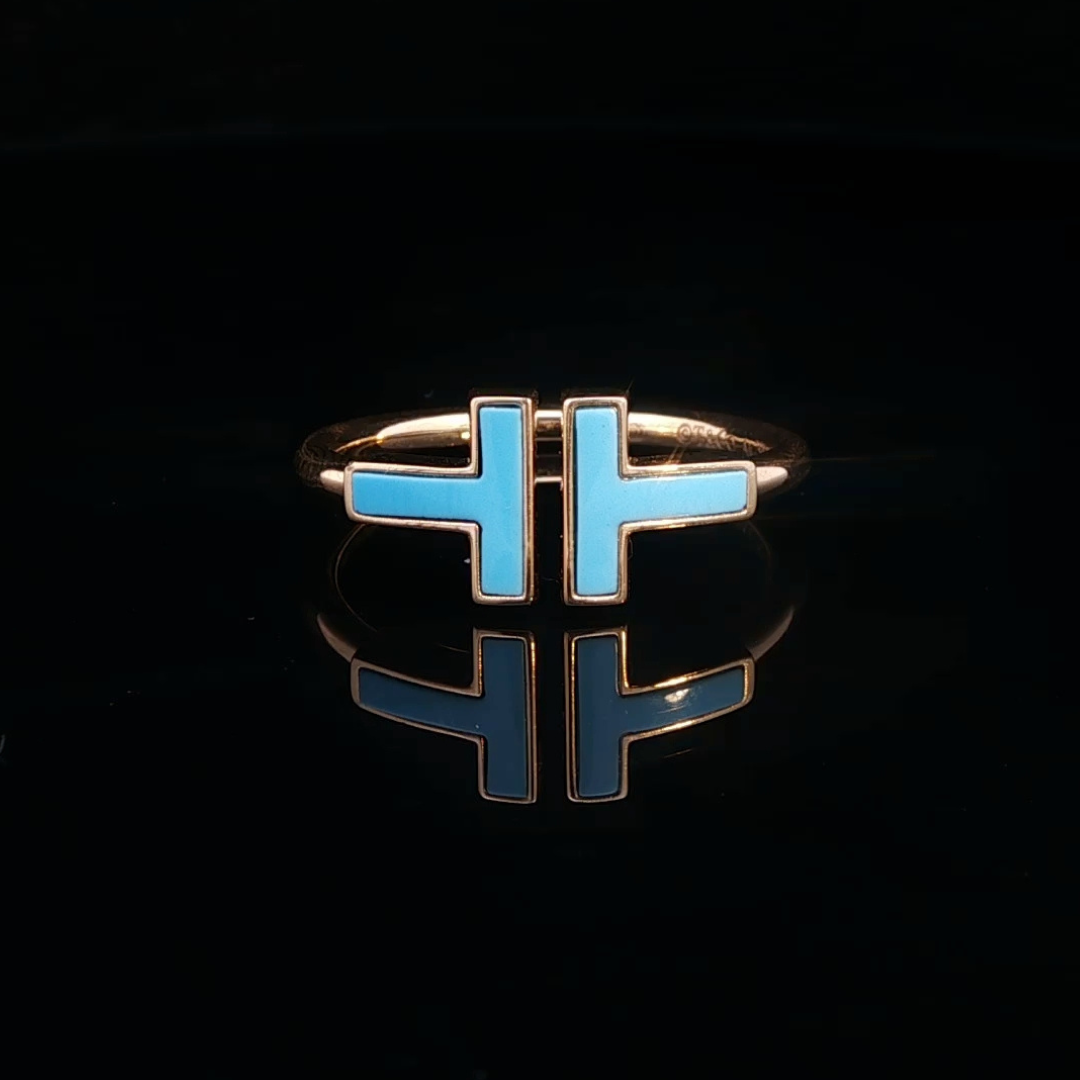 Open Blue Enamel Ring in 18ct Yellow Gold