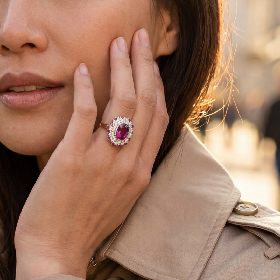 Pink Sapphire and Diamond Ring in Platinum and 18ct Yellow Gold | Brinkhaus Jewellers Claremont