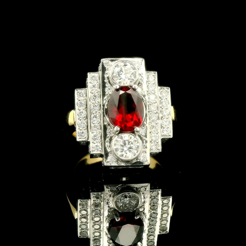 Ruby & Diamond Art Deco Inspired Ring in 18ct Yellow Gold and Platinum | Brinkhaus Jewellers
