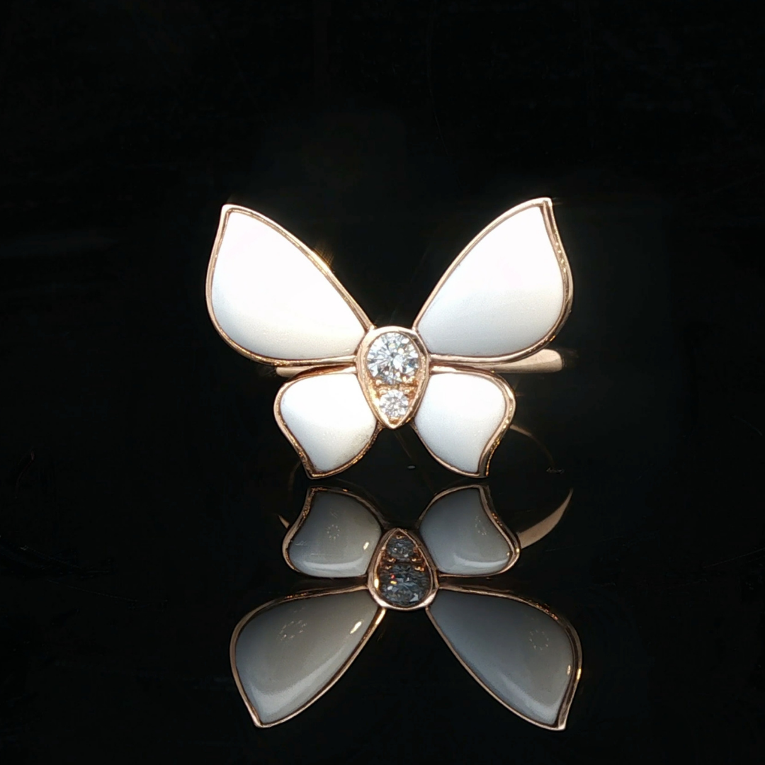 White Agate and Diamond Butterfly Ring in 18ct Rose Gold | Brinkhaus Jewellers Claremont