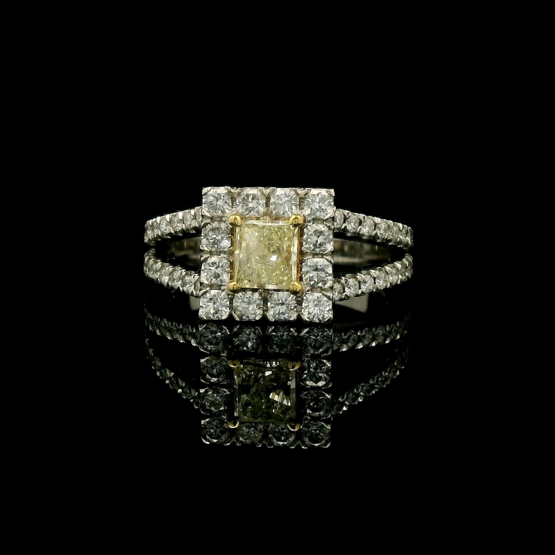 Yellow Emerald Cut & White Diamond Halo Ring | Brinkhaus Jewellers