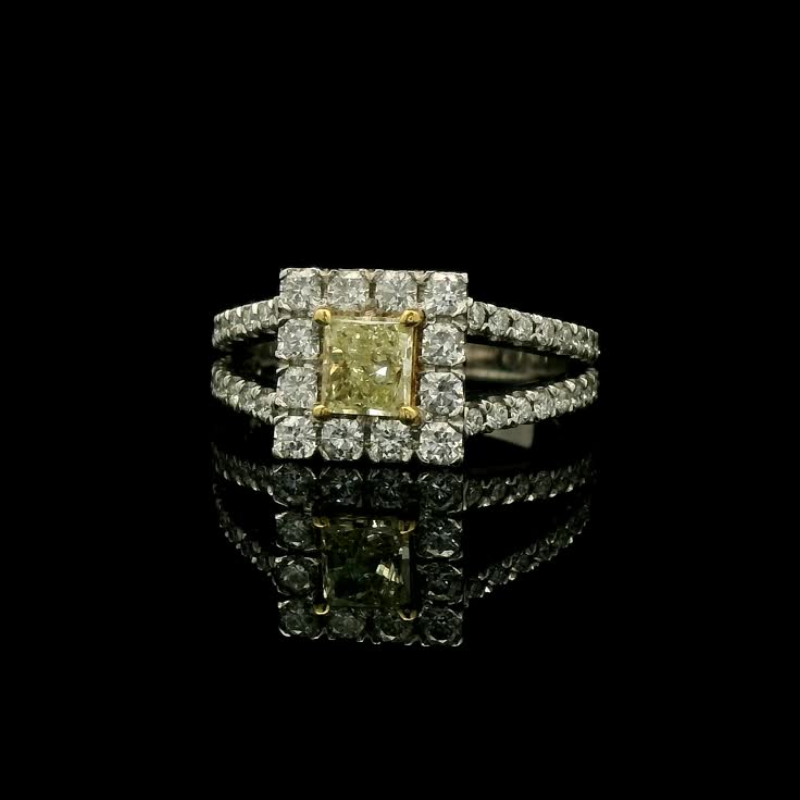 Yellow Emerald Cut & White Diamond Halo Ring | Brinkhaus Jewellers Claremont