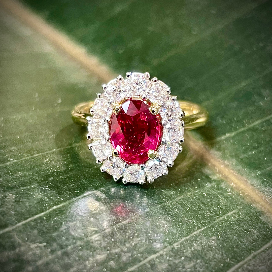 Oval Burmese Ruby & Diamond Ring in Platinum & 18ct Yellow Gold
