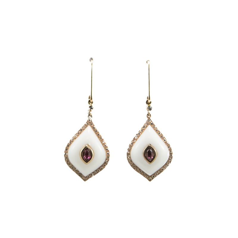 White Agate & Pink Tourmaline Diamond Drop Earrings