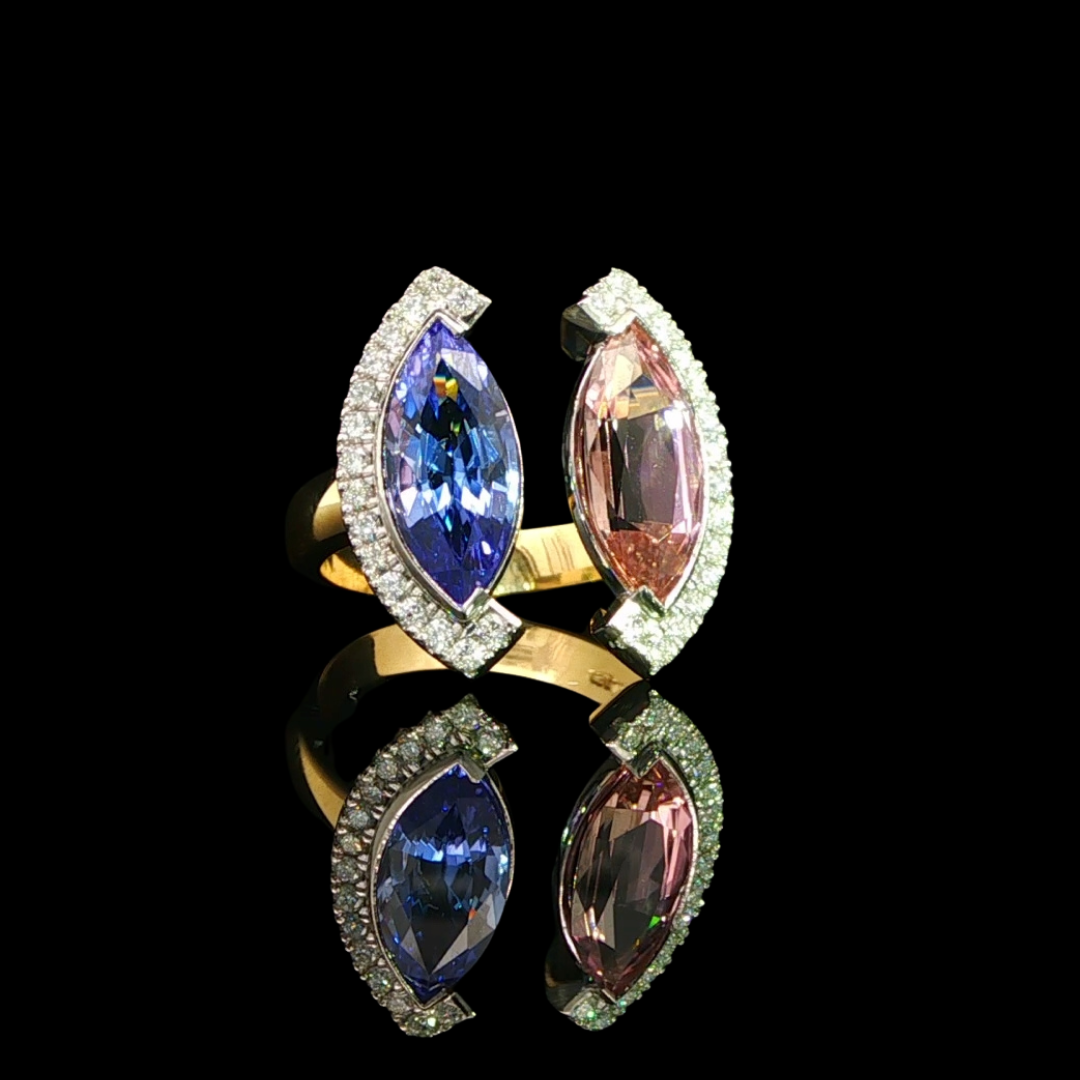 Marquise Cut Pink Tourmaline & Tanzanite Ring in Platinum & 18ct Yellow Gold