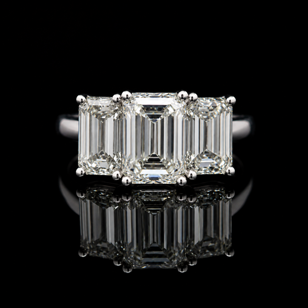 3 Stone Emerald-Cut Lab Grown Diamond & Pink Lab Grown Diamond Engagement Ring in Platinum | Brinkhaus Jewellers Claremont 