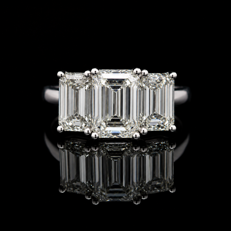 3 Stone Emerald-Cut Lab Grown Diamond & Pink Lab Grown Diamond Engagement Ring in Platinum | Brinkhaus Jewellers Claremont 