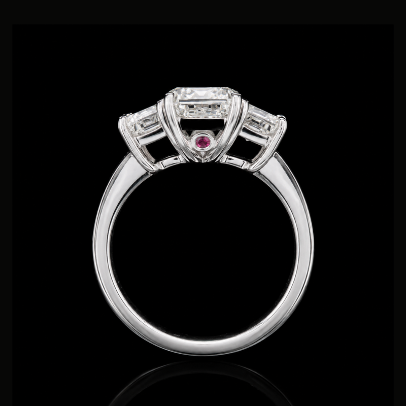 3 Stone Emerald-Cut Lab Grown Diamond & Pink Lab Grown Diamond Engagement Ring in Platinum | Brinkhaus Jewellers Perth 