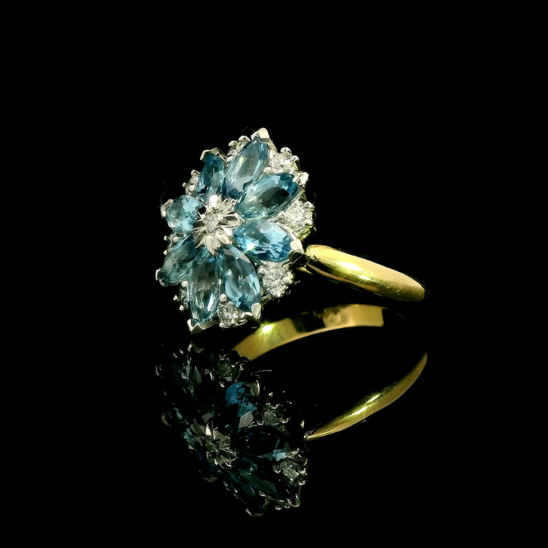 Aquamarine & Diamond Sunburst Ring in 18ct Yellow & White Gold | Brinkhaus Jewellers