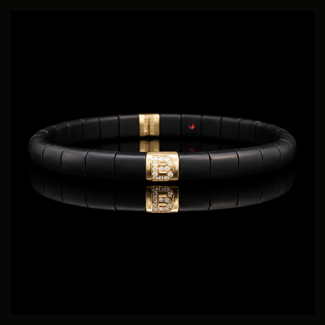 Black Ceramic B Initial Diamond Stretch Bracelet in 18ct Yellow Gold