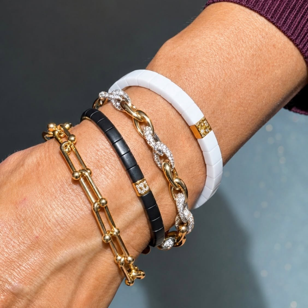 Black Ceramic B Initial Diamond Stretch Bracelet in 18ct Yellow Gold | Brinkhaus Jewellers 