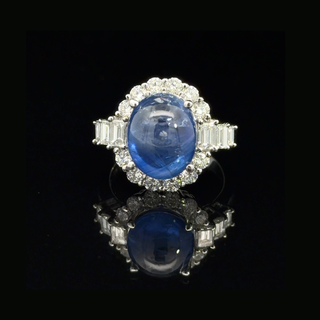 Blue Sapphire Cabochon & Diamond Ring in 18ct White Gold
