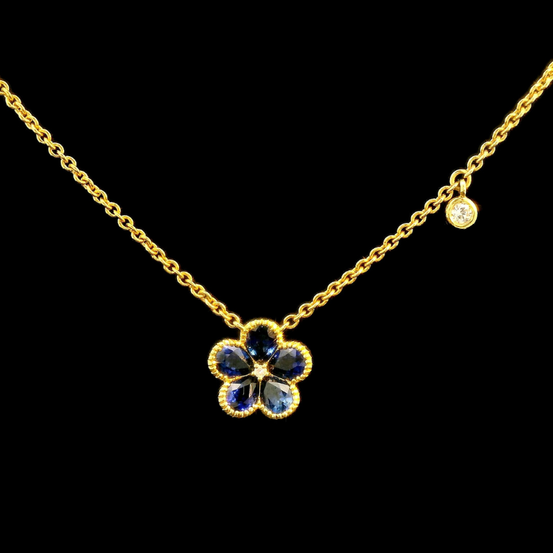 Blue Sapphire & Diamond Flower Necklace in 18ct Yellow Gold | Brinkhaus Jewellers