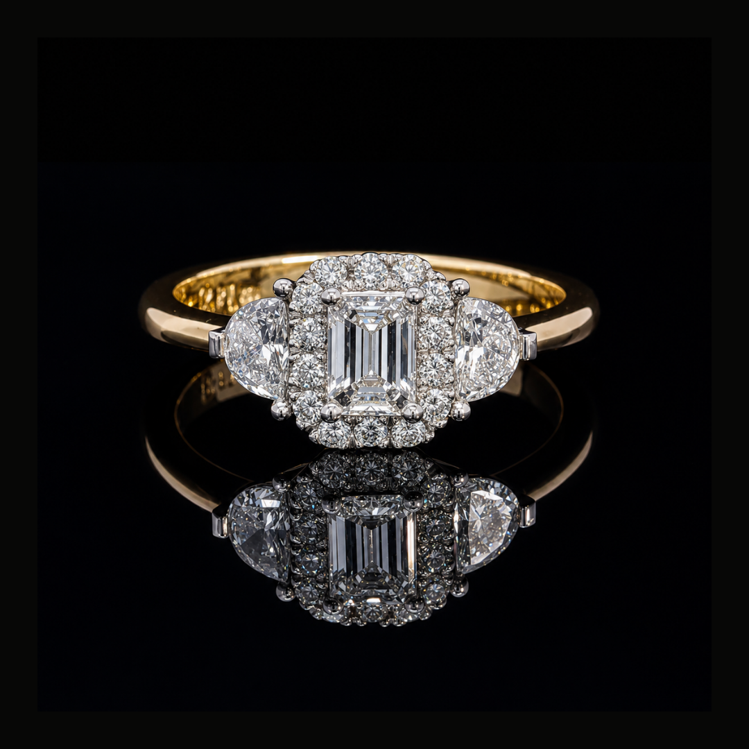 Emerald Cut Diamond Halo Ring in 18ct Yellow and White Gold