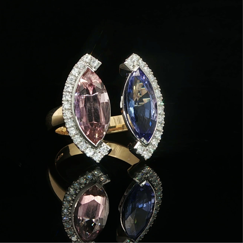 Marquise Cut Pink Tourmaline & Tanzanite Ring in Platinum & 18ct Yellow Gold | Brinkhaus Jewellers 