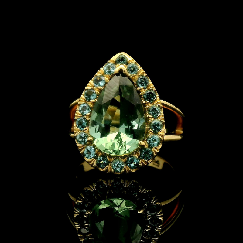 Pear-Shaped Peridot Halo Ring in 18ct Yellow Gold | Brinkhaus Jewellers 