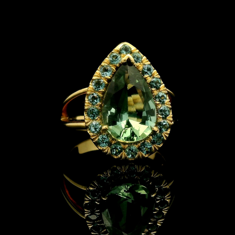Pear-Shaped Peridot Halo Ring in 18ct Yellow Gold | Brinkhaus Jewellers Perth