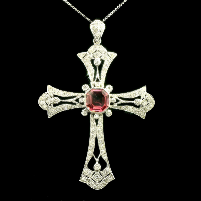 Pink Sapphire & Diamond Cross Pendant in 18ct White Gold | Brinkhaus Jewellers