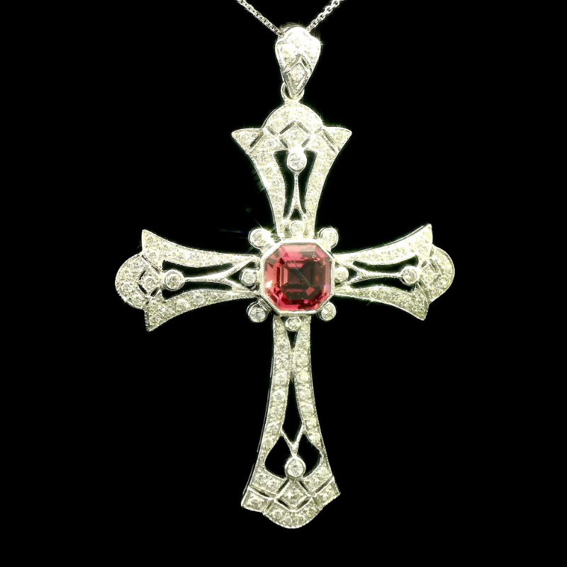 Pink Sapphire & Diamond Cross Pendant in 18ct White Gold | Brinkhaus Jewellers Claremont