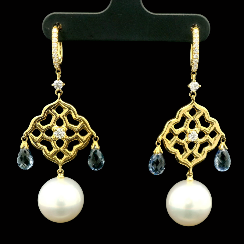 Sapphire, Diamond & South Sea Pearl Drop Earrings in 18ct Yellow Gold | Brinkhaus Jewellers