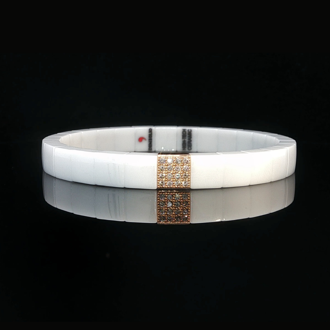 White Ceramic Diamond Stretch Bracelet in 18ct Rose Gold 