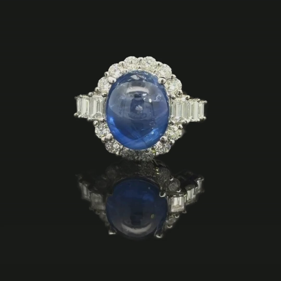 Blue Sapphire Cabochon & Diamond Ring in 18ct White Gold