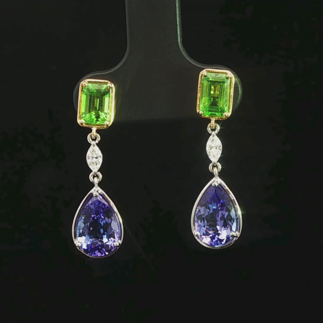 Tsavorite, Garnet & Diamond Drop Earrings in 18ct White & Yellow Gold