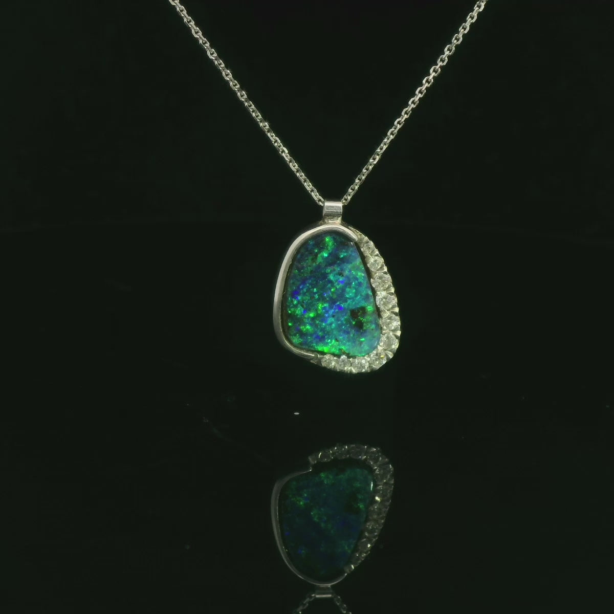 Black Opal and Diamond Necklace in White Gold 
