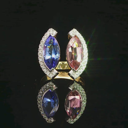 Marquise Cut Pink Tourmaline & Tanzanite Ring in Platinum & 18ct Yellow Gold
