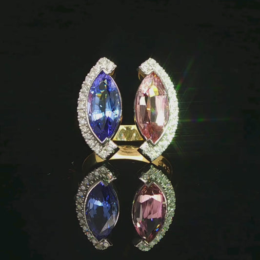 Marquise Cut Pink Tourmaline & Tanzanite Ring in Platinum & 18ct Yellow Gold