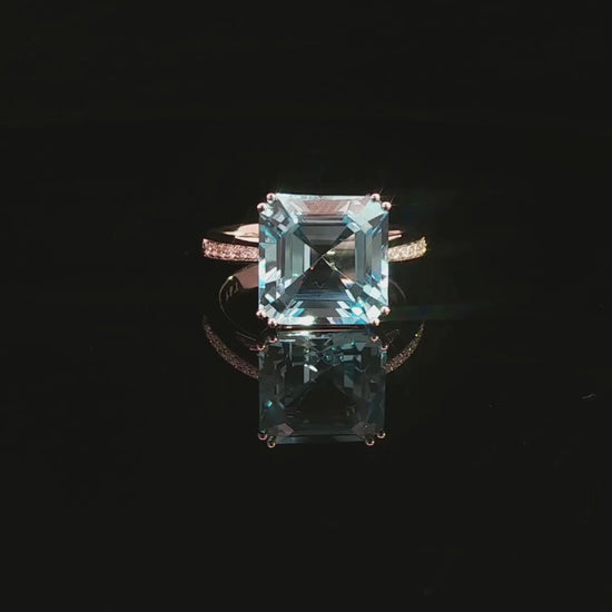 Emerald Cut Blue Topaz & Diamond Ring in 18ct White Gold