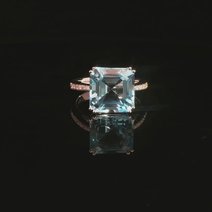 Emerald Cut Blue Topaz & Diamond Ring in 18ct White Gold