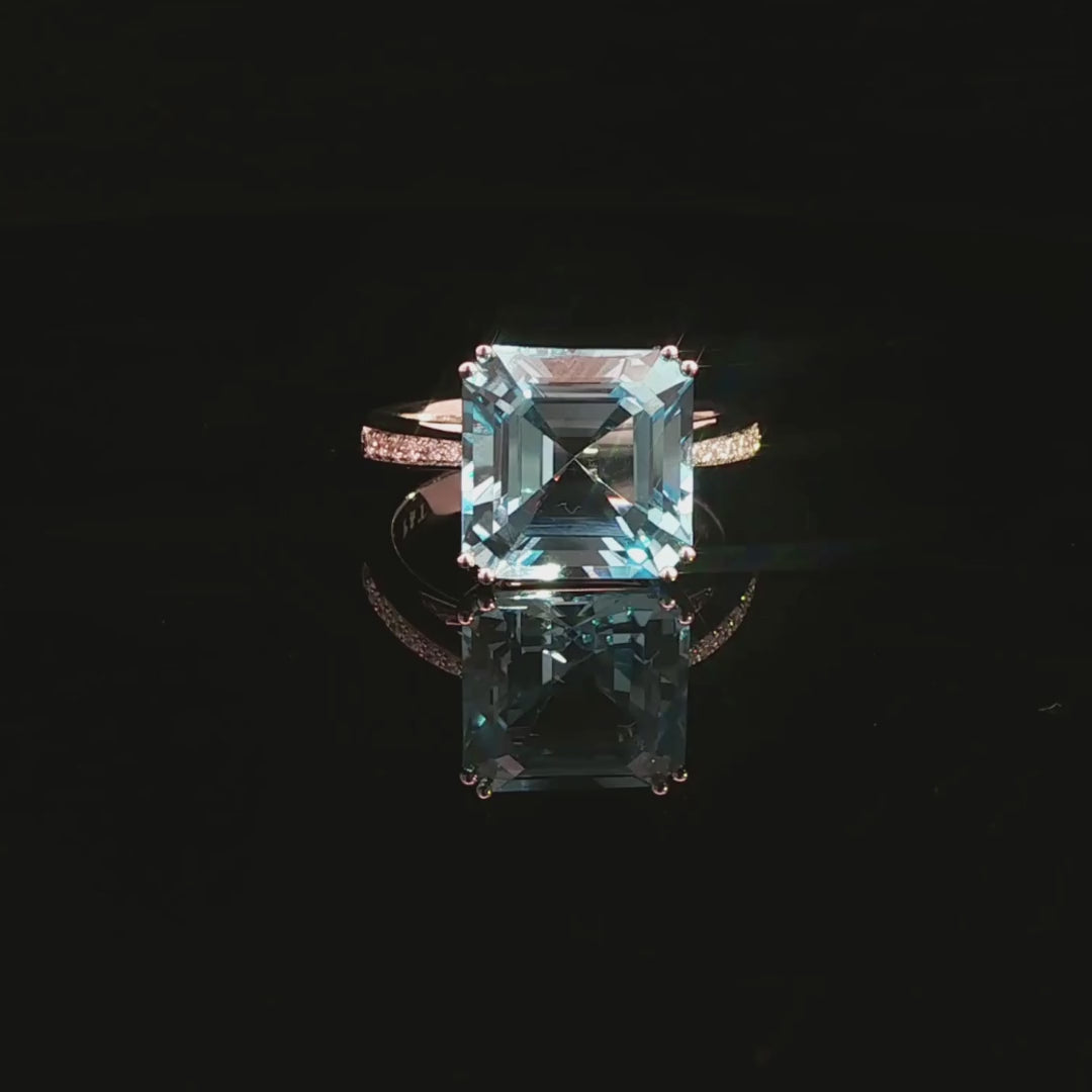 Emerald Cut Blue Topaz & Diamond Ring in 18ct White Gold
