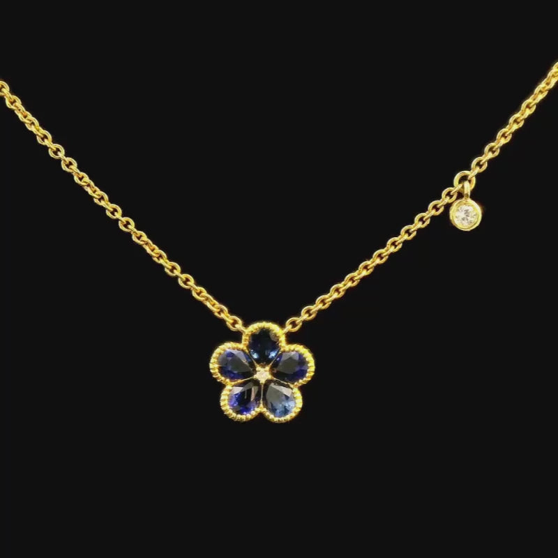 Blue Sapphire & Diamond Flower Necklace in 18ct Yellow Gold | Brinkhaus Jewellers