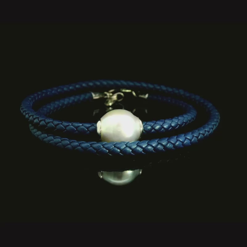 Men's Double Strand Leather Bracelet with South Sea Pearl