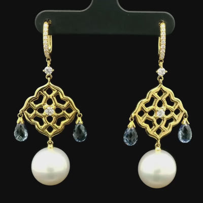 Sapphire, Diamond & South Sea Pearl Drop Earrings in 18ct Yellow Gold | Grief Gifts Australia 