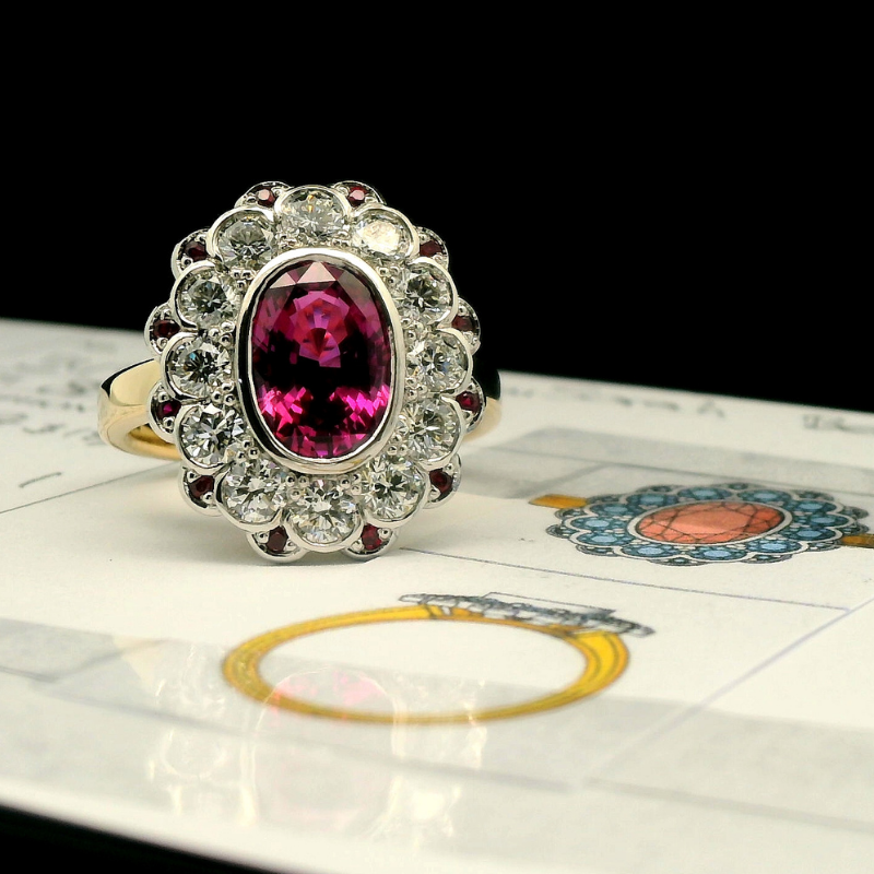 Custom Made Pink Sapphire, Ruby and Diamond Ring in 18ct Yellow and White Gold | Brinkhaus Jewellers